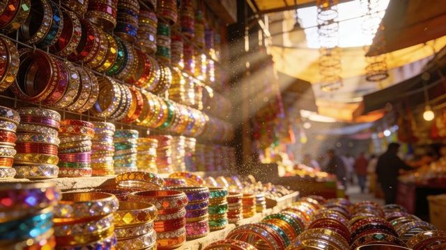 Sunlit bazaar of colorful glittering bangles stacked on wooden stalls with warm dust rays