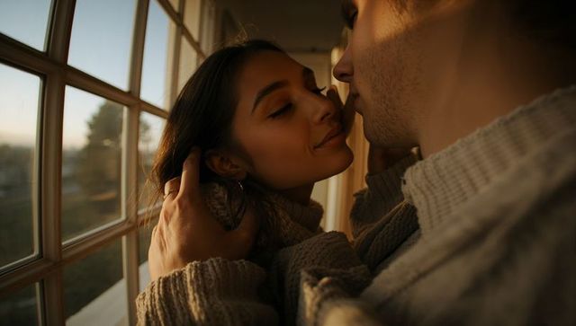 Intimate couple embracing by paned window at sunset in cozy knit sweaters, romantic tender moment