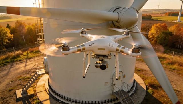 Quadcopter hovering near wind turbine hub during golden hour inspection autumn countryside