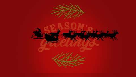 Santa Claus Sleigh and Reindeer Over Snowy Red Background
