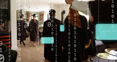 Graduates walking through home in caps and gowns with digital binary overlay celebrating
