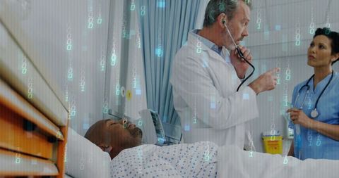 Doctor Assessing Patient with Digital Interface Overlay in Hospital
