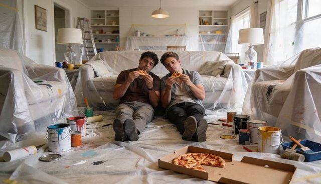 Two men eating pizza during home renovation, paint-splattered living room, diy break