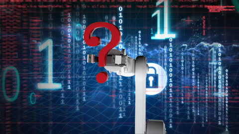 Bionic Hand with Question Mark Amidst Digital Code