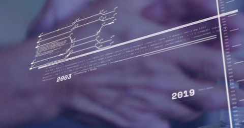 Senior hands tapping holographic timeline 2003-2019 on interactive AR office touch surface