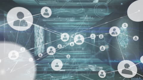 Digital Network Icons Floating in Futuristic Server Environment