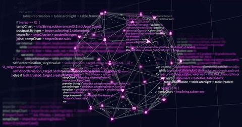 Glowing magenta 3D network sphere rotating with code overlay for cyber visualization
