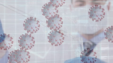 Doctor Analyzing Digital Covid-19 Virus Model with Data Overlay