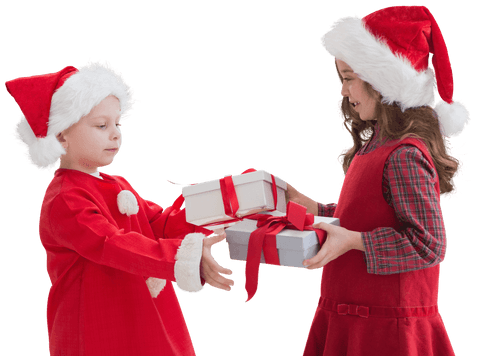 Children Exchanging Christmas Gifts in Santa Hats on Transparent Background