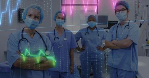 Multidisciplinary medical team standing in operating room wearing scrubs with holographic ecg overla