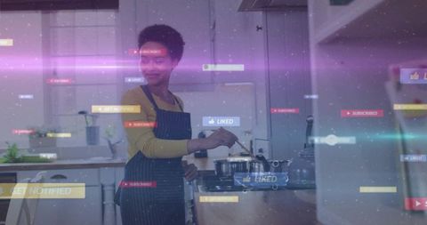 Home cook creating viral recipe with floating social media likes and subscriptions