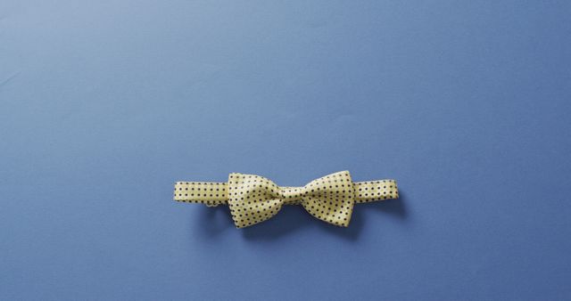 Yellow polka dot bowtie on blue background. Ideal for use in fashion blogs, apparel promotions, or formal wear catalogs.