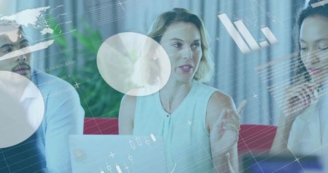 Woman Leading Data-Driven Team Meeting with Laptop, Earbuds and Digital Charts Overlays