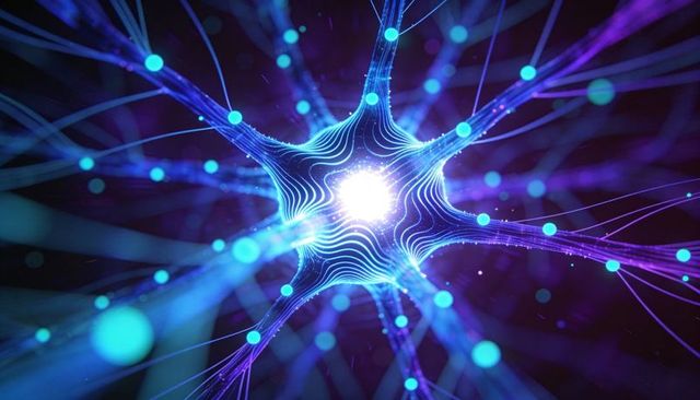 Pulsating Neural Core Radiating Filaments and Glowing Nodes in Blue Purple