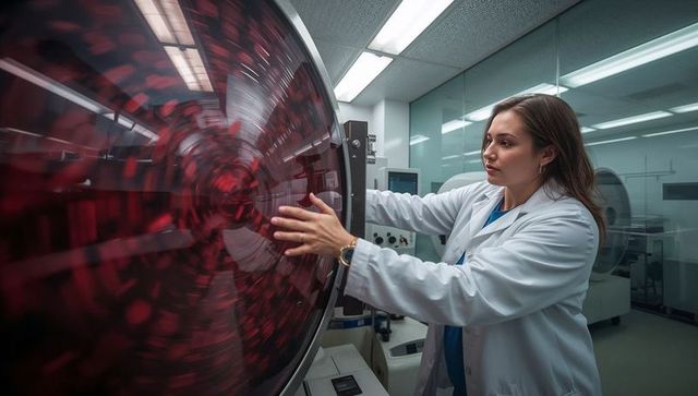 Laboratory technician adjusting high-speed centrifuge with red rotor for diagnostics