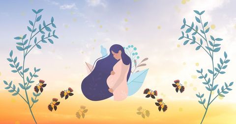 Whimsical Pregnancy and Motherhood Illustration with Nature Elements