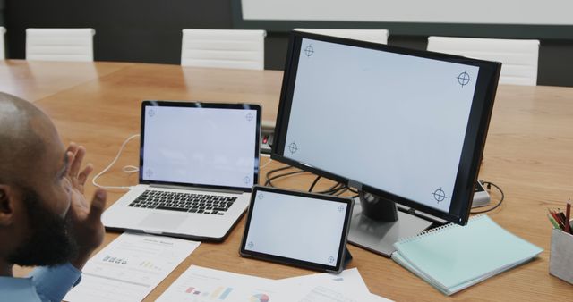 Frustrated Businessman After Multiple Devices Fail in Office Meeting - Download Free Stock Images Pikwizard.com