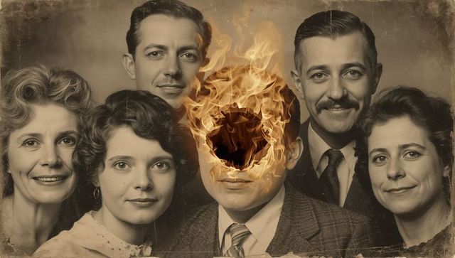 Vintage sepia family portrait with flaming circular void replacing central man's face