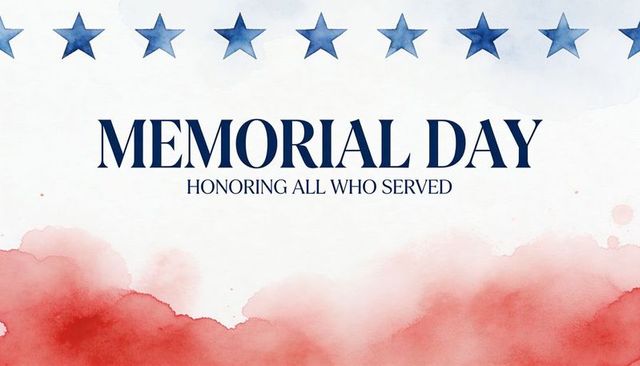 Memorial day watercolor banner with blue stars and red wash honoring service