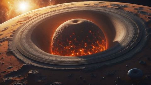 Imaginary planet with lava sphere in central crater