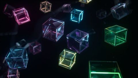 Glowing neon glass cubes drifting in dark void with holographic prism glow