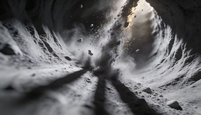 Cinematic lunar shaft dust plume rising through regolith tunnel, backlit debris and shadows