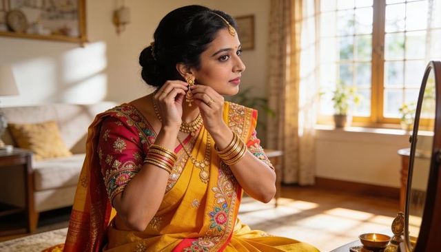 Indian bride dressing in yellow silk saree with gold jewelry and intricate embroidery