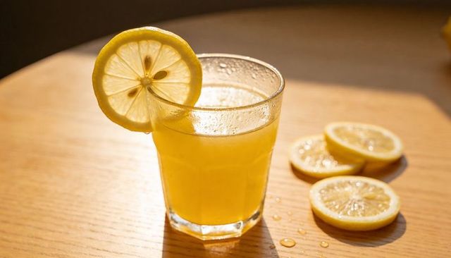 Sunlit lemonade glass with lemon wheel, condensation and sliced citrus on wooden table