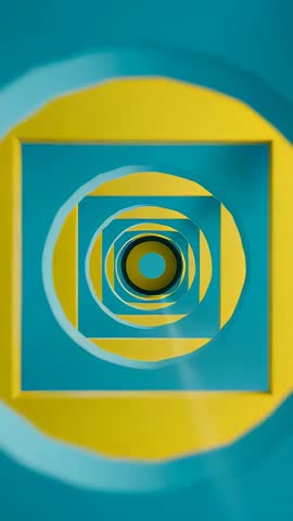 Advancing Through 3D Geometric Tunnel Featuring Yellow Circles and Teal Squares