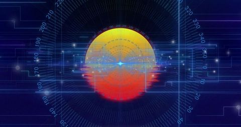 Glowing digital orb rotating within futuristic hud with neon data rings and glitch band