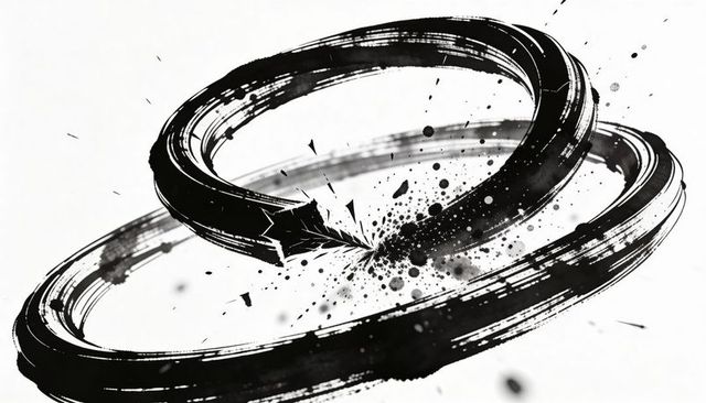Dynamic monochrome ink rings colliding with explosive splatter — brushstroke motion