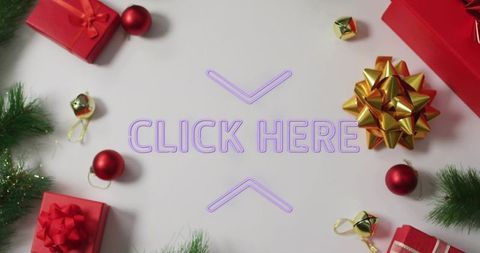 Glowing purple neon click here call-to-action framing festive red gifts gold bow flatlay