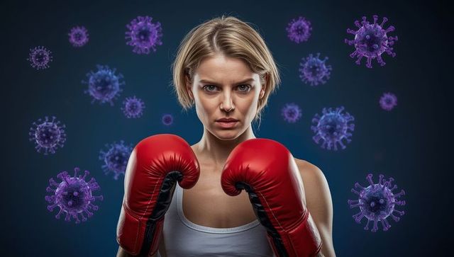 Woman boxer in gloves facing challenge of viruses courageously