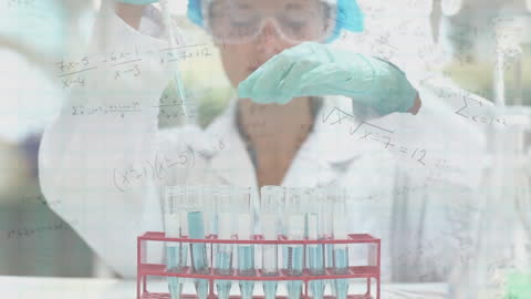 Scientist in Laboratory with Mathematical Equations Overlay