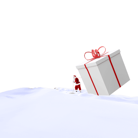 Transparent santa carrying huge gift on snow mountain