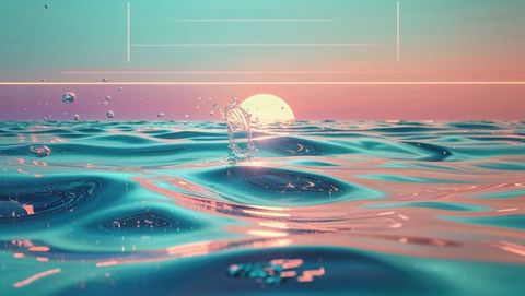 Water droplet splash in vibrant ocean at tranquil sunrise