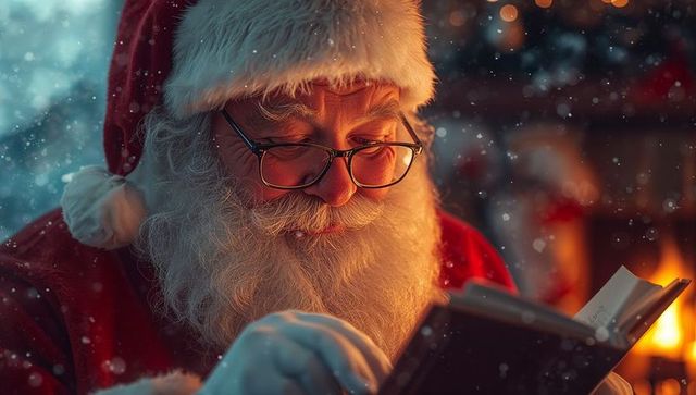 Santa Claus Reading by Fireplace with Warm Festive Ambiance