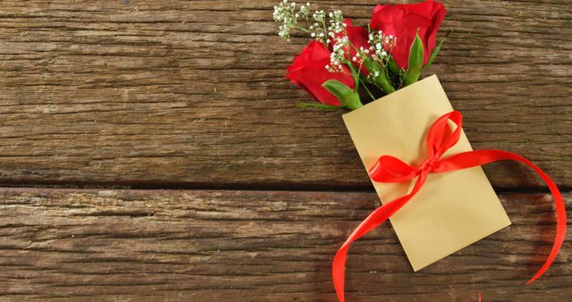 Red roses and a blank card with a red ribbon are displayed on a rustic wooden background, with copy space. Roses often symbolize love and romance, making this setting ideal for expressing affection on special occasions like anniversaries or Valentine's Day.