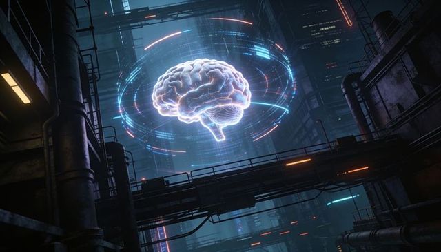 Holographic brain network hovering in neon cyberpunk data cavern with industrial catwalks