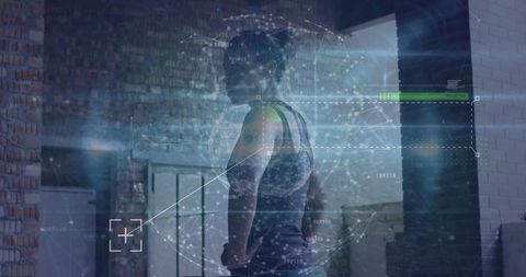 African American Woman Pausing During Workout with Digital Tech Overlay