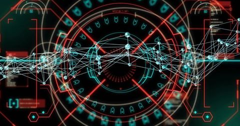 Visualizing neural network mesh across holographic HUD with radial data rings and nodes