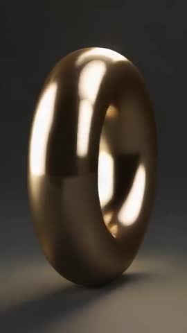 Vertical video rotating gold torus tilting on base revealing glossy metallic highlights