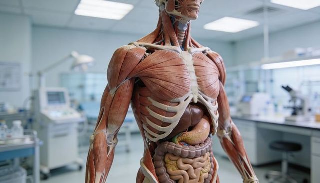Medical anatomy torso model showing musculature and internal organs in clinical laboratory