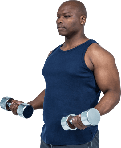 Transparent muscular man lifting dumbbells in tank top
