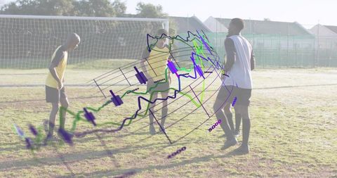 Youth soccer players training with 3D financial chart overlay for performance analytics