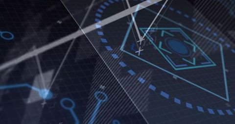 Futuristic hud showing hex target with compass needle over dark grid, neon cyan
