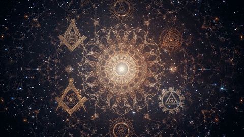 Mystical mandala with celestial emblems radiating in space