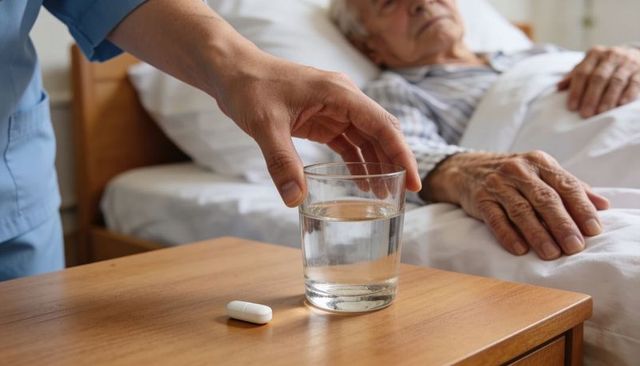 Caregiver placing glass of water beside elderly patient in bed with medication pill