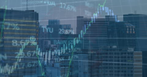 Digital Financial Graphs and Data Overlay on Urban Cityscape