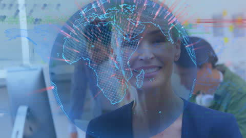 Smiling Businesswoman with Digital Globe Overlay in Office